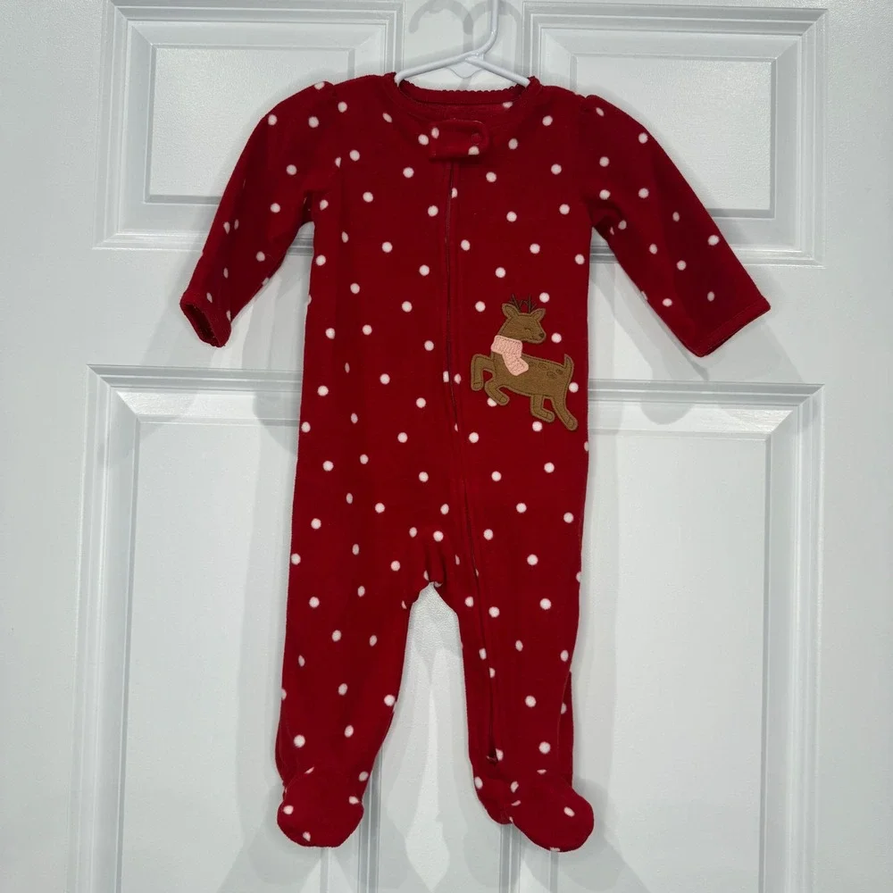 Carters Baby Red Polka Dot Reindeer Fleece Footed Pajamas Size 3-6‎ Months